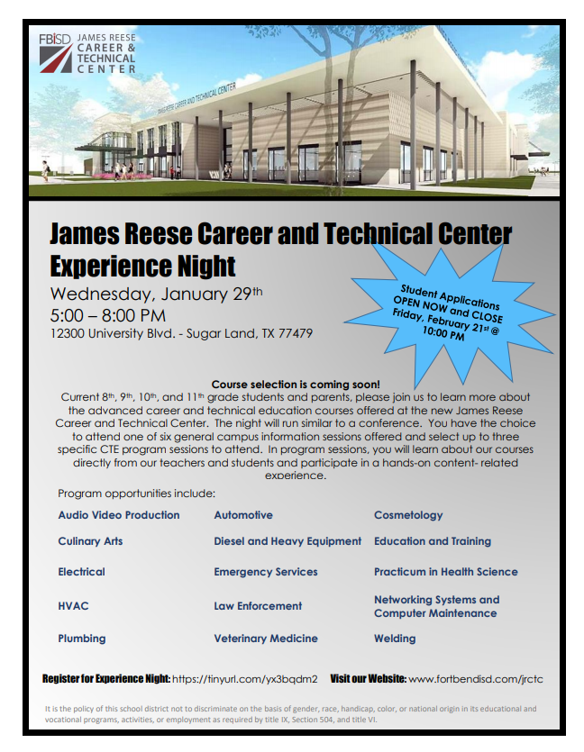 Flyer for Reese Center Experience Night, to be held January 29 Flyer for Reese Center Experience Night, to be held January 29